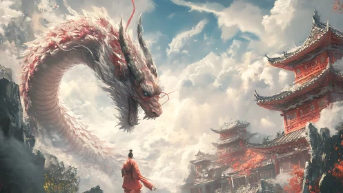 Skyborne dragon coils above crimson mountain temples in mist.