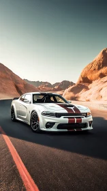 White muscle car with red stripes on desert highway.