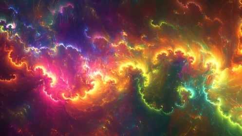 Cosmic fractal storm ignites swirling neon auroras of light.