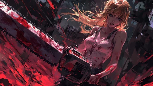 Female figure operates large chainsaw amid red debris