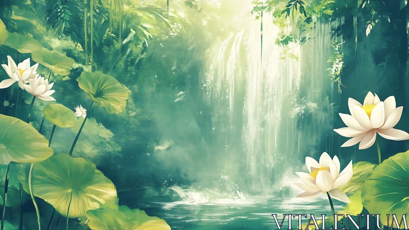 Serene lotus pond extends before luminous cascading waterfall