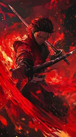 Blazing swordsman carves burning streaks through the dark