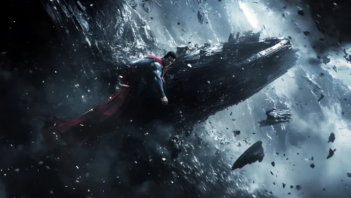Caped hero carves through a storm of shattered planets.