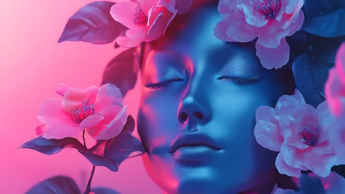 Dreaming in neon bloom with tranquil blue floral muse.