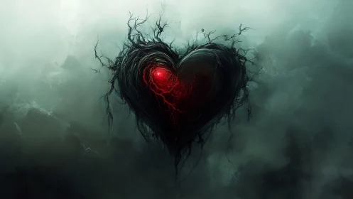 Dark heart with glowing red core suspended in misty atmosphere
