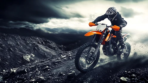 Dynamic downhill dirt bike action in dramatic terrain lighting.