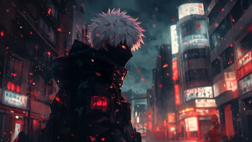 Masked figure stands in illuminated urban street at night