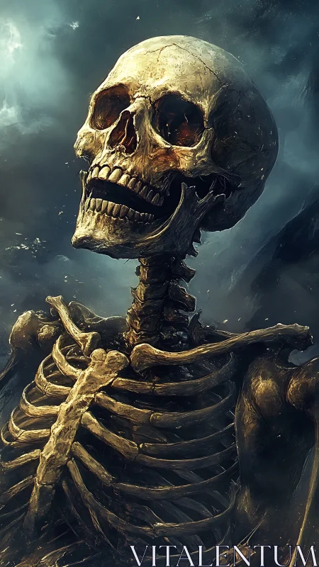 Stormlit skeletal titan laughs beneath a roiling twilight sky.
