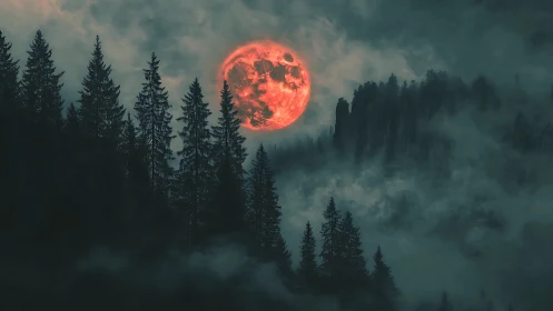 Blood-red supermoon illuminates mist-laden conifer forest at dusk