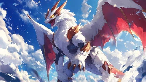 Armored white dragon with red wings dominates dynamic sky perspective