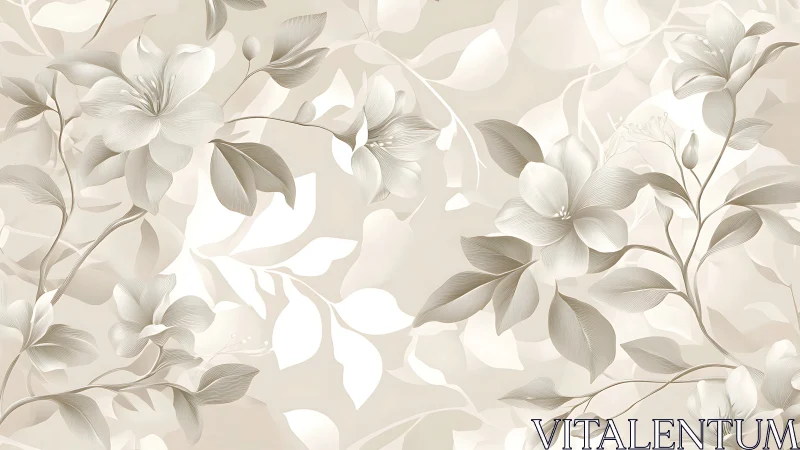 Monochrome floral branches on soft beige abstract ground.