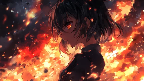 Anime profile portrait isolates a girl against eruptive flames