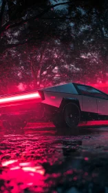 Angular electric truck with neon rear light in wet forest corridor.