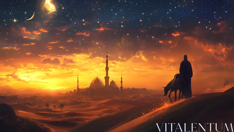 Golden desert sunset watching over a distant dreamlike city.