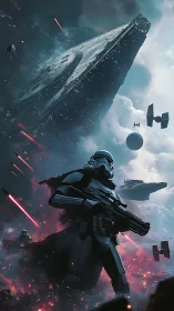 Armored sci-fi soldier under massive star cruiser in battle.