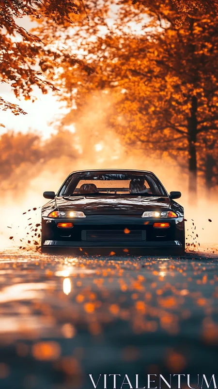 Sports coupe moves along wet road under dense autumn foliage