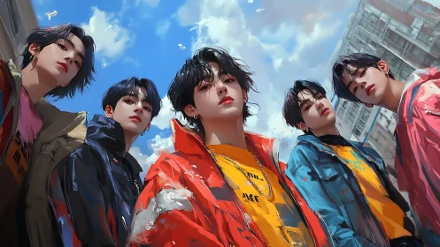 Stylish urban youth gaze upward beneath vivid blue skies