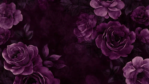 Deep purple roses bloom in moody botanical darkness