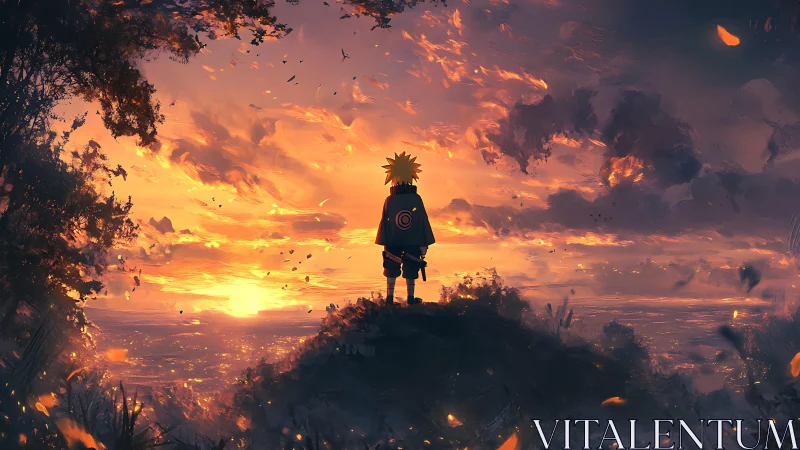 Solitary cloaked figure observing expansive sunset horizon.