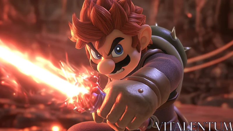 Fiery sword hero lunges through molten chaos with resolve.