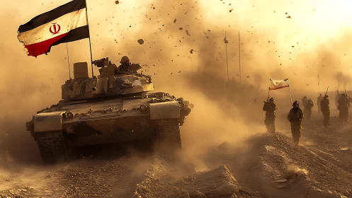 Armored column advances through dust lit by golden war haze.