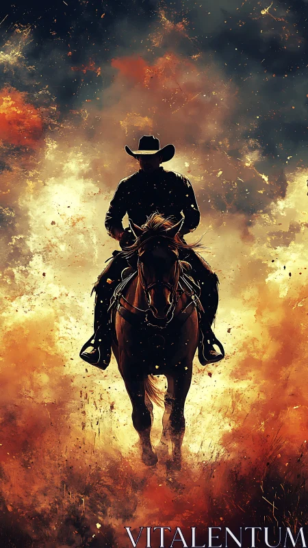 Lone cowboy rides through blazing dust and storm-lit sky