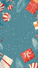 Festive teal backdrop with red gifts and ornaments border.