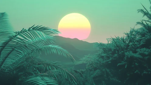 Digital painting of neon-tinted tropical sunset composition.