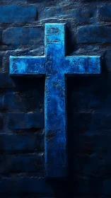 Midnight blue cross glowing softly against textured stone wall.