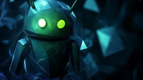 Low-poly neon android mascot rendered with faceted geometry