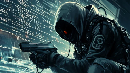 Hooded cybernetic assassin crouches in neon data stream.