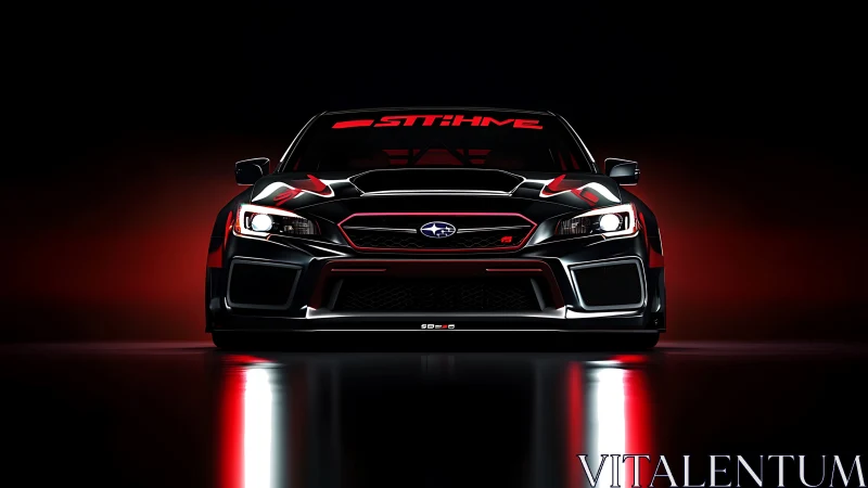 Subaru performance car glows against dramatic red lighting.