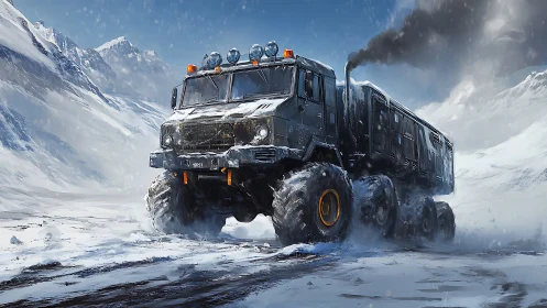 Heavy multi-axle arctic expedition truck in blizzard terrain
