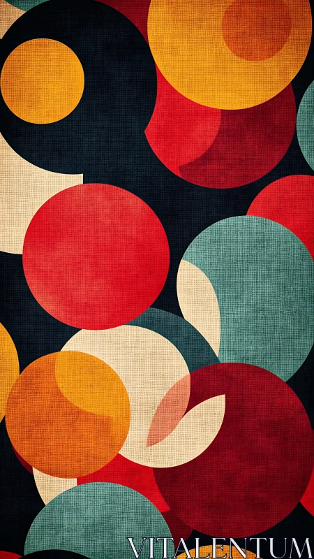 Geometric circles in retro color blocks with textured overlay.