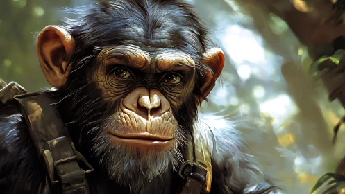 Thoughtful jungle chimp explorer in rugged gear gazes ahead.