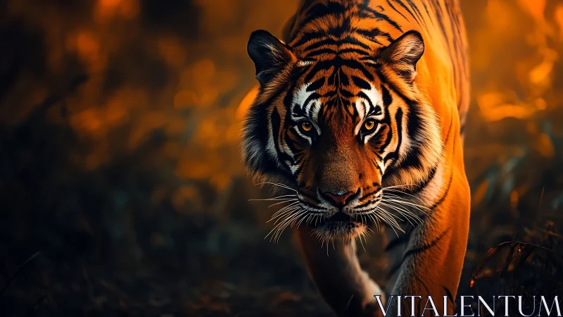 Golden-hour tiger stroll in a softly glowing forest trail.