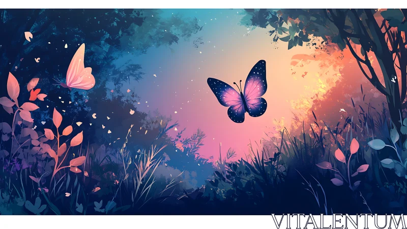 Moonlit butterflies trade secrets in a neon-tinted forest dusk