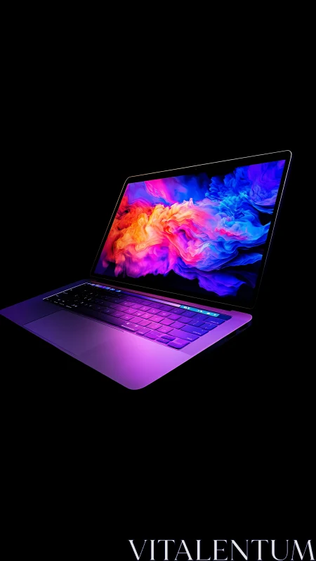 Photorealistic neon laptop with chromatic display bloom focus.