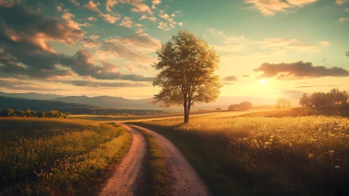 Golden country lane curves gently toward a peaceful sunset