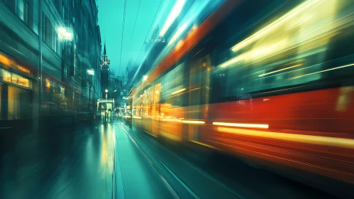Tram moves through wet city street with strong motion blur