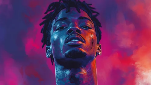 Confident neon portrait glowing against a bold color sky.