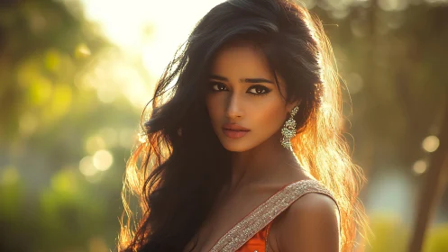 Sunlit portrait of elegant woman in shimmering ethnic dress.