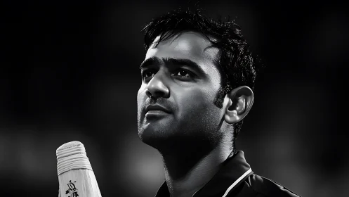 Monochrome close-up of cricket player with visible bat handle.