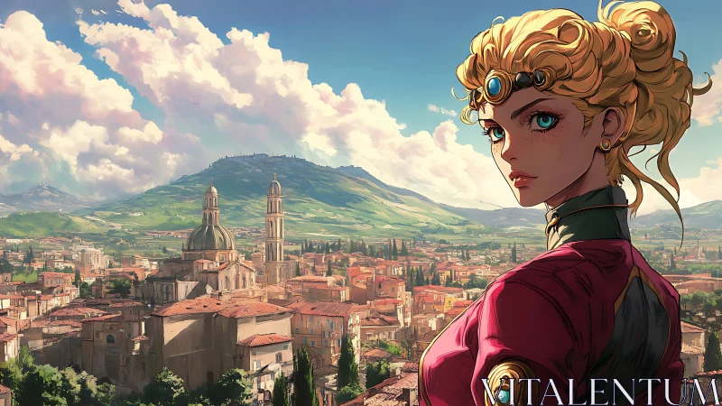 Regal heroine overlooking sunlit Italian hill town.