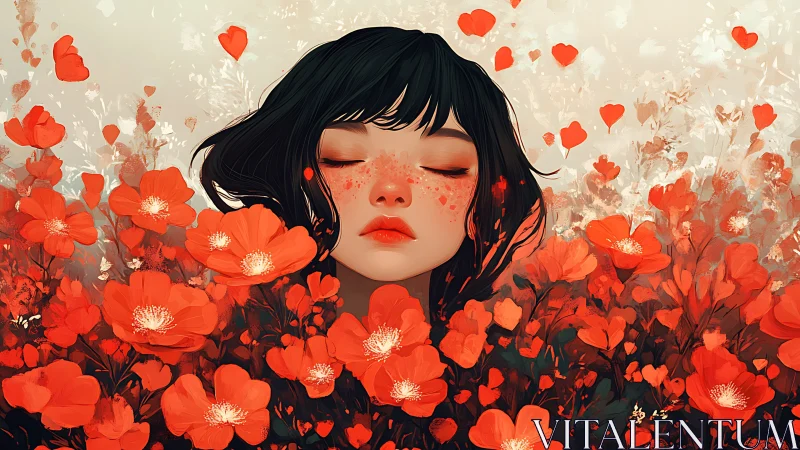 Girl with closed eyes sinks into a dream of scarlet flowers