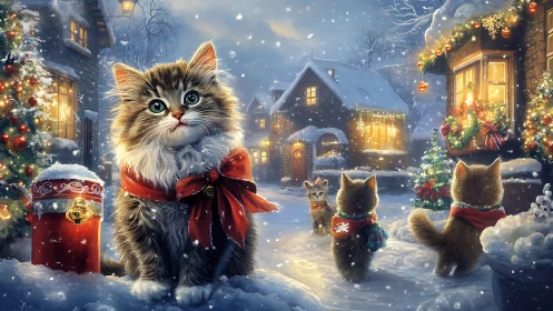 Festive Cats in a Snowy Holiday Village.