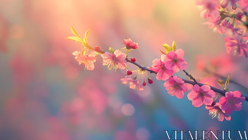 Pink Cherry Blossoms on Branch with Selective Focus Technique