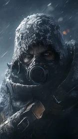 Stoic winter survivor braving a hostile frozen storm.