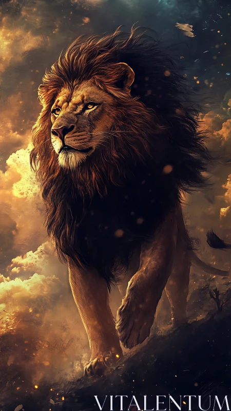 Lion strides forward through glowing clouds and embers