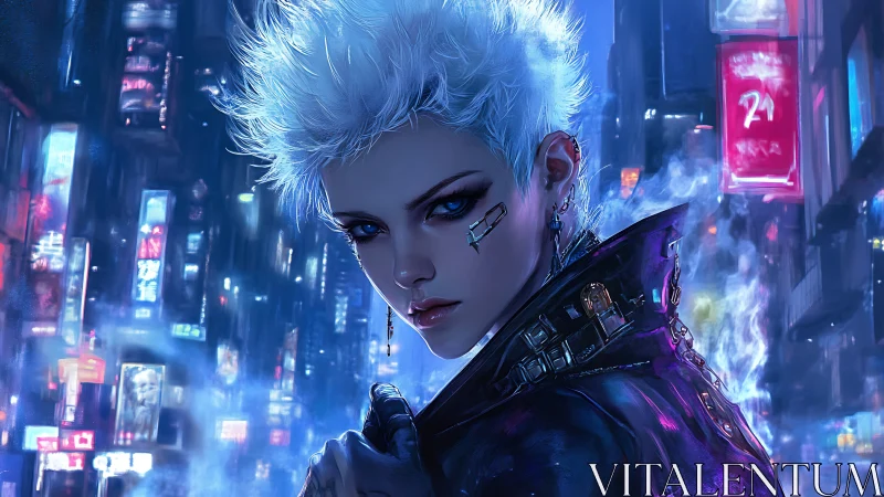 Neon-soaked rebel studies the city like a cracked hologram